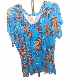 Jaclyn Smith turquoise orange floral print shirt
